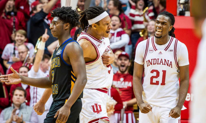 Indiana's Malik Reneau (5) and Mackenzie Mgbako (21) celebrate their victory after the second half of the Indiana versus Morehead State men's basketball game at Simon Skjodt Assembly Hall on Tuesday, Dec. 19, 2023.